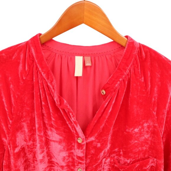 Anthropologie Pilcro Puff-Sleeved Red Velvet Buttondown Shirt Top L - Picture 4 of 6